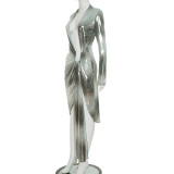 Print Deep V Neck Pleated Maxi Dress GSZM-J25DS300