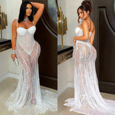 Sexy Lace See Through Sling Maxi Dress BY-7520