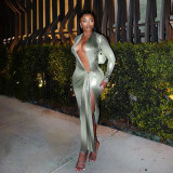 Print Deep V Neck Pleated Maxi Dress GSZM-J25DS300