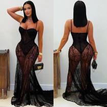 Sexy Lace See Through Sling Maxi Dress BY-7520