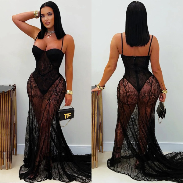 Sexy Lace See Through Sling Maxi Dress BY-7520