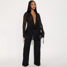 Deep V Neck See Through Micro Flare Pants Suit MXBF-J25ST273