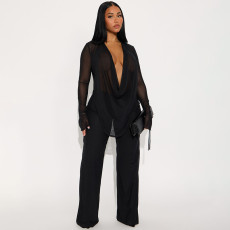 Deep V Neck See Through Micro Flare Pants Suit MXBF-J25ST273