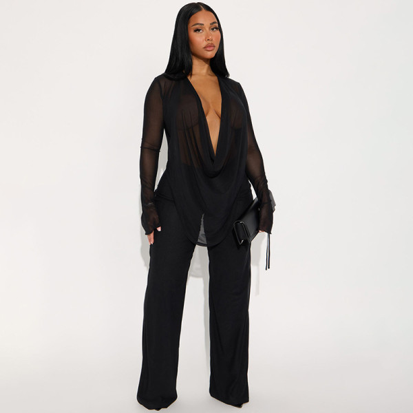 Deep V Neck See Through Micro Flare Pants Suit MXBF-J25ST273