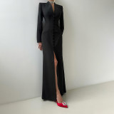 Long Sleeve Solid Color Split Maxi Dress GZJQ-K25D80722
