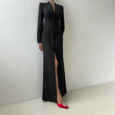 Long Sleeve Solid Color Split Maxi Dress GZJQ-K25D80722