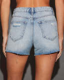Fashion Washed Holes Straight Denim Shorts GSMF-13679#
