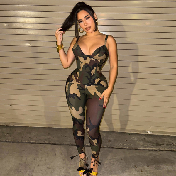Camouflage Print Tie Up Sling Two Piece Pants Set MXBF-Y25ST299