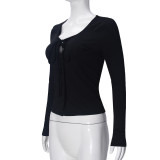 Long Sleeve U Neck Tie Up T Shirts GNZD-060174TBZ