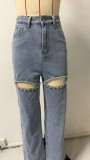 Chain Holes Washed Straight Jeans GSMF-ZC2025-2