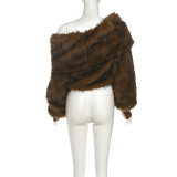 Solid Color Furry Slash Shoulder Tops GZJQ-K25L80560