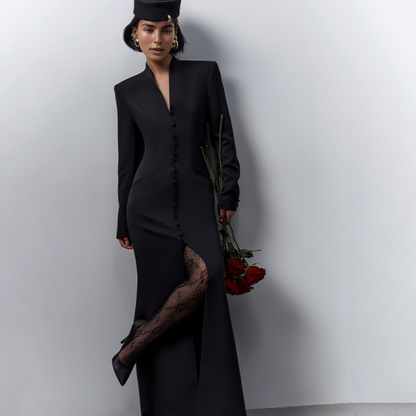 Long Sleeve Solid Color Split Maxi Dress GZJQ-K25D80722