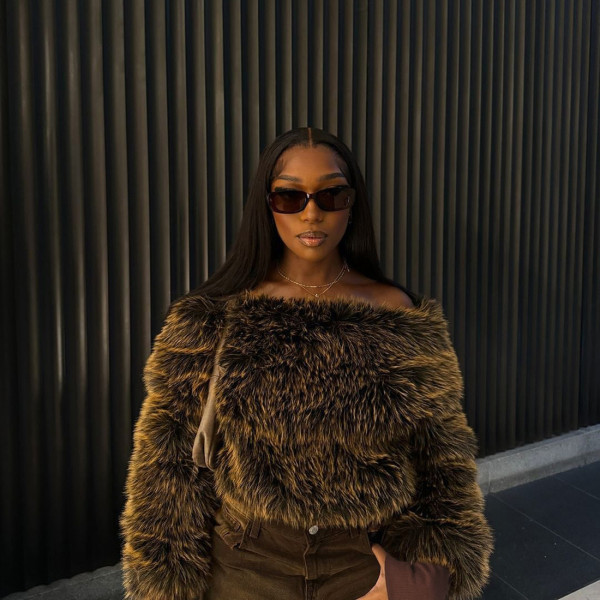 Solid Color Furry Slash Shoulder Tops GZJQ-K25L80560