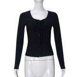 Long Sleeve U Neck Tie Up T Shirts GNZD-060174TBZ