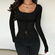 Long Sleeve U Neck Tie Up T Shirts GNZD-060174TBZ