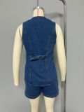 Denim Sleeveless Vest Two Piece Shorts Set GSMF-ZC13368