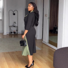 Plus Size Pleated Patchwork Contrast Color Midi Dress NY-3771