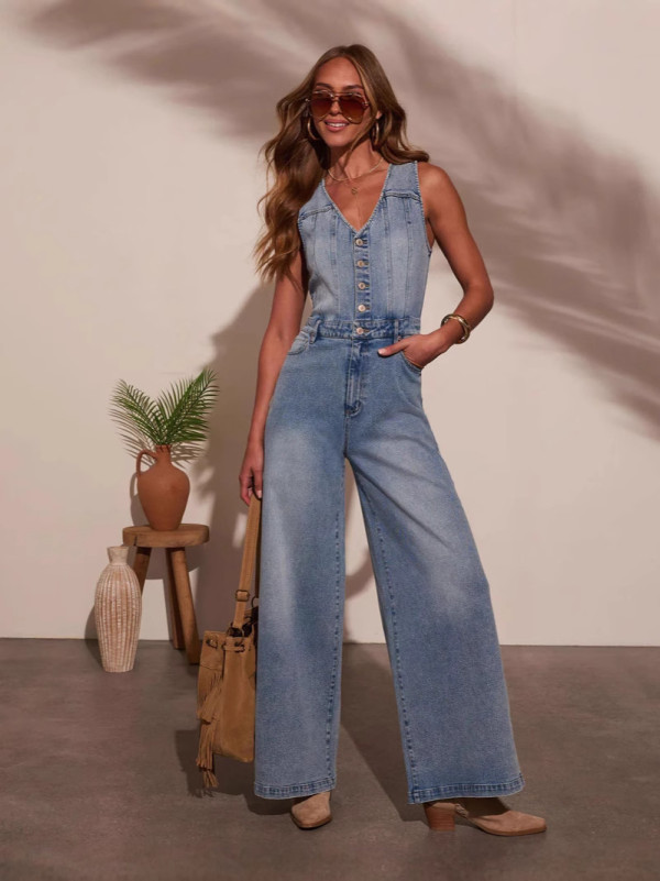 V Neck Sleeveless Denim Jumpsuit GSMF-ZC18604