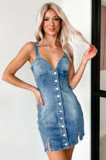 Sexy Sling Single-breasted Denim Mini Dress GSMF-ZC13640#