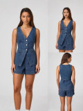 Denim Sleeveless Vest Two Piece Shorts Set GSMF-ZC13368