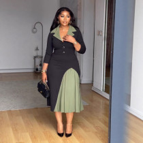 Plus Size Pleated Patchwork Contrast Color Midi Dress NY-3771