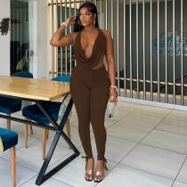 Halterneck Backless Solid Color 2 Piece Pants Set SHD-9555