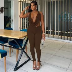 Halterneck Backless Solid Color 2 Piece Pants Set SHD-9555