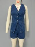 Denim Sleeveless Vest Two Piece Shorts Set GSMF-ZC13368