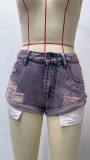Fashion Print Washed Denim Shorts GSMF-9123#