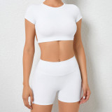 Soilid Color Backless Sport Two Piece Shorts Set GQSA-71200/13776