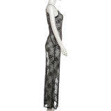 Lace See Through Backless Sling Maxi Dress XEF-K25D80410
