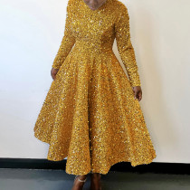Plus Size Solid Color Sequin Long Sleeve Midi Dress GATE-469