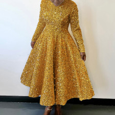 Plus Size Solid Color Sequin Long Sleeve Midi Dress GATE-469