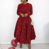 Plus Size Solid Color Sequin Long Sleeve Midi Dress GATE-469