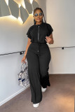 Solid Color Short Sleeve Zipper Two Piece Pant Set GYLY-10163