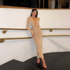 Deep V Neck Pleated Maxi Dress XEF-K25D79813