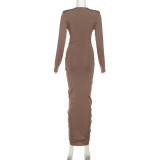 Deep V Neck Pleated Maxi Dress XEF-K25D79813