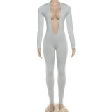 Deep V Neck Long Sleeve Solid Color Jumpsuit XEF-K25Q80024