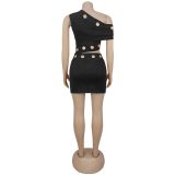 Slash Shoulder Sleeveless Top Two Piece Skirt Set BY-7530