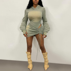 Long Sleeve Backless Hooded Bodysuit Skirt Suit XEF-K25S79493