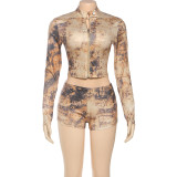 Fashion Print Long Sleeve Two Piece Shorts Set XEF-K25S80887