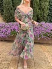 Plus Size Mesh Print V Neck Maxi Dress GRNH-002