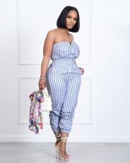 Wrap Chest Stripe Print Jumpsuit OLYF-6150