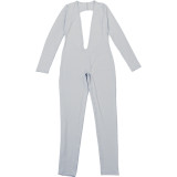 Deep V Neck Long Sleeve Solid Color Jumpsuit XEF-K25Q80024