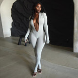 Deep V Neck Long Sleeve Solid Color Jumpsuit XEF-K25Q80024