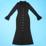 Solid Color V Neck Long Sleeve Long Dress YF-10913