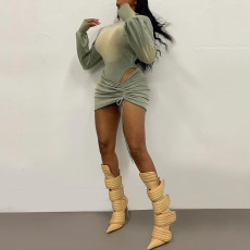 Long Sleeve Backless Hooded Bodysuit Skirt Suit XEF-K25S79493