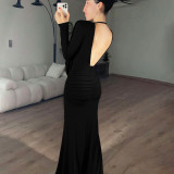 Long Sleeve Pleated Solid Maxi Dress GYME-K25D80023