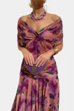 Plus Size Mesh Print V Neck Maxi Dress GRNH-002
