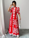 Red Cheongsam Loose Floral Maxi Dress GRNH-28769